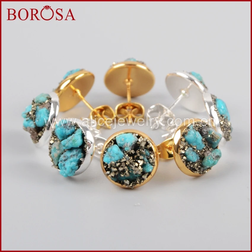 Круглые серьги BOROSA с натуральными камнями золотые/Серебристые гвоздики из