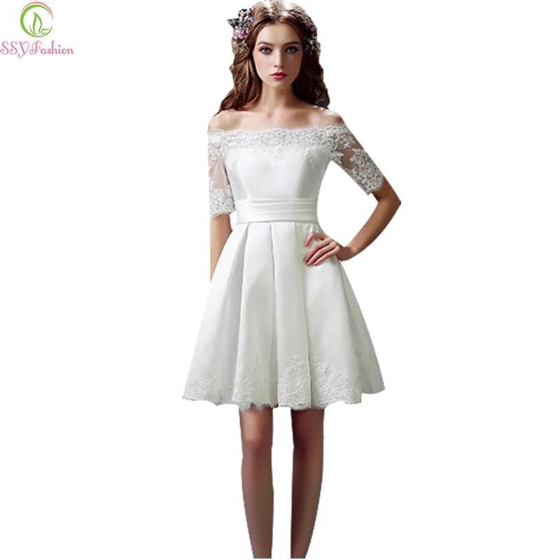 SSYFashion/белые вечерние наряды свадебное кружевное платье с коротким рукавом а