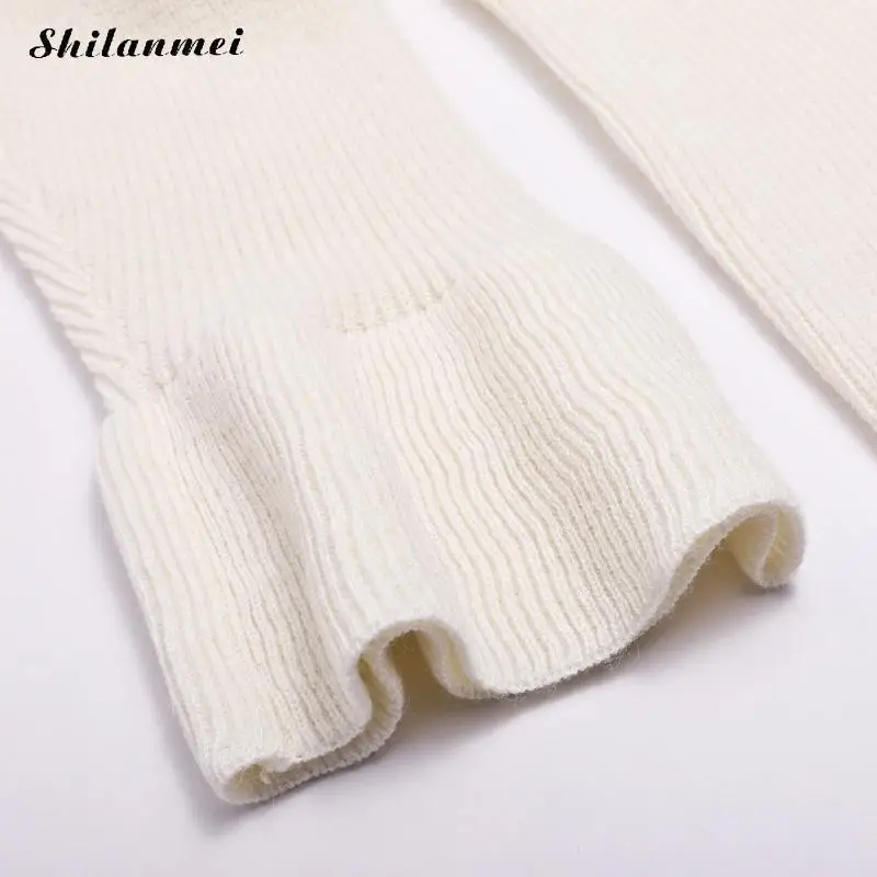 

White Knitted Sweater Women 2019 Spring Autumn Casual Long Flare Sleeve Pullover Top Women Solid V-Neck Outwear Pullovers Mujer
