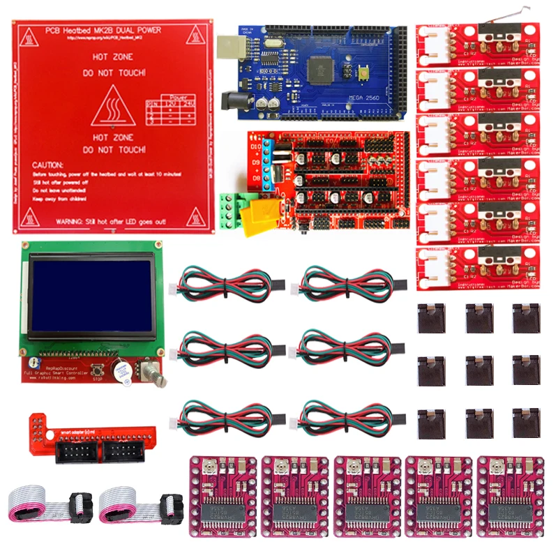 Комплект Reprap Ramps 1,4 с Mega 2560 r3+ Heatbed MK2B+ 12864 ЖК-контроллер+ DRV8825+ механический переключатель+ кабели для 3D-принтера