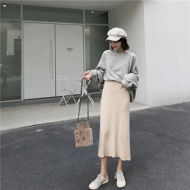 Harajuku уличная трикотажная юбка осень зима Корейская мода универсальная Сплит миди Faldas Mujer однотонные черные юбки женские