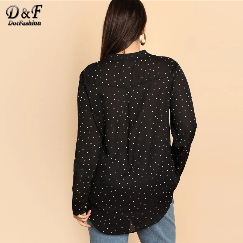 Dotfashion, женская рубашка в черный и белый горошек размера плюс, осень, топы, одежда с длинным рукавом, Повседневная Длинная блузка