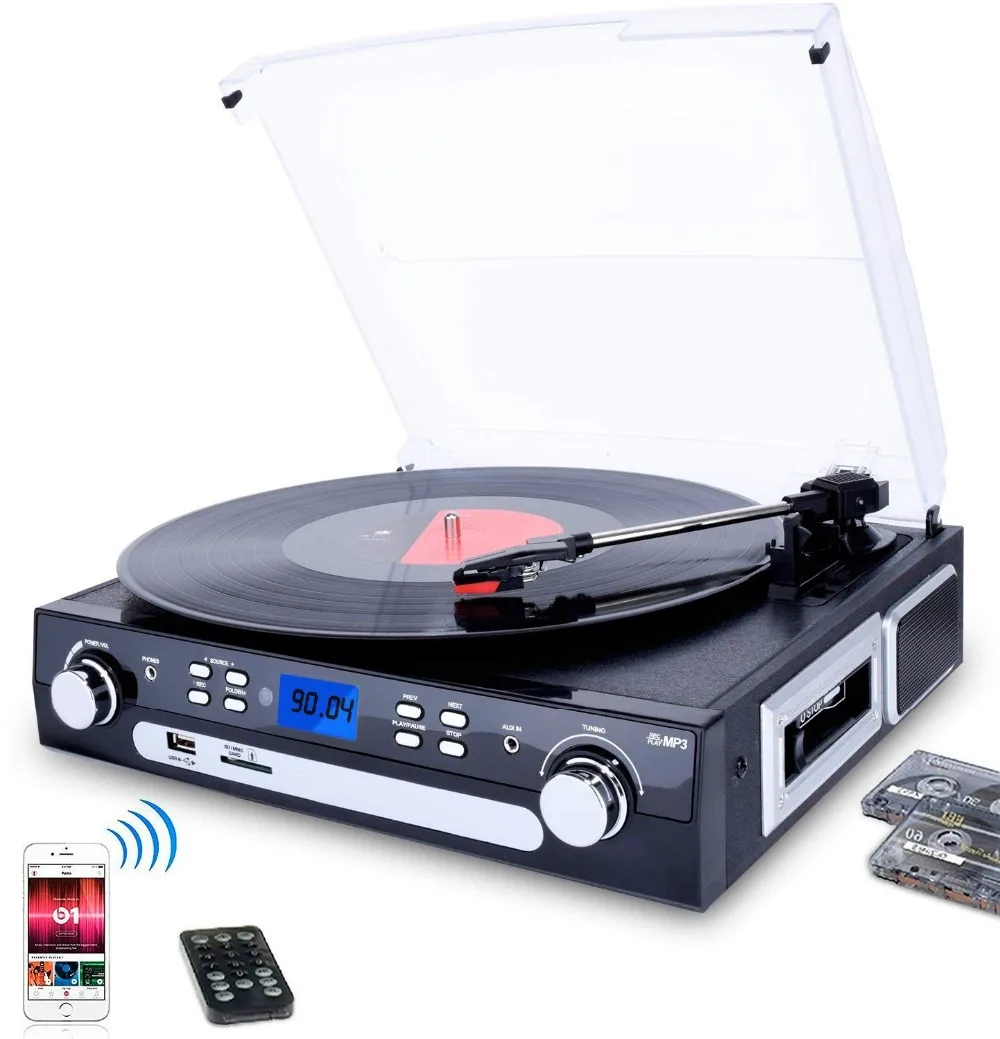Проигрыватель динамики Bluetooth стерео LP винил чтобы MP3 конвертер кассета радио aux in