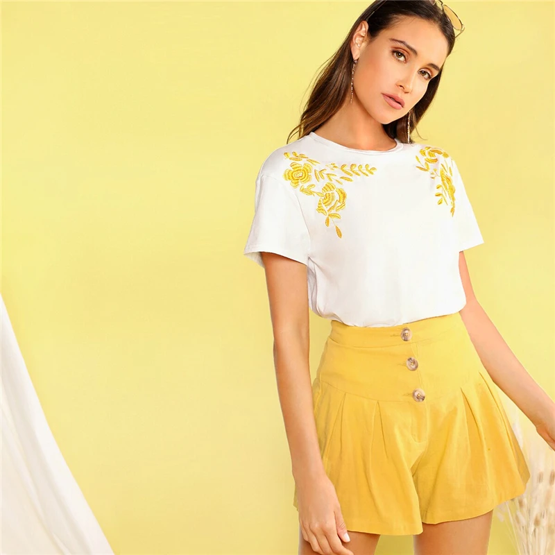 SHEIN, женская футболка с цветочной вышивкой,, эластичная летняя футболка с коротким рукавом, круглый вырез, белые летние топы