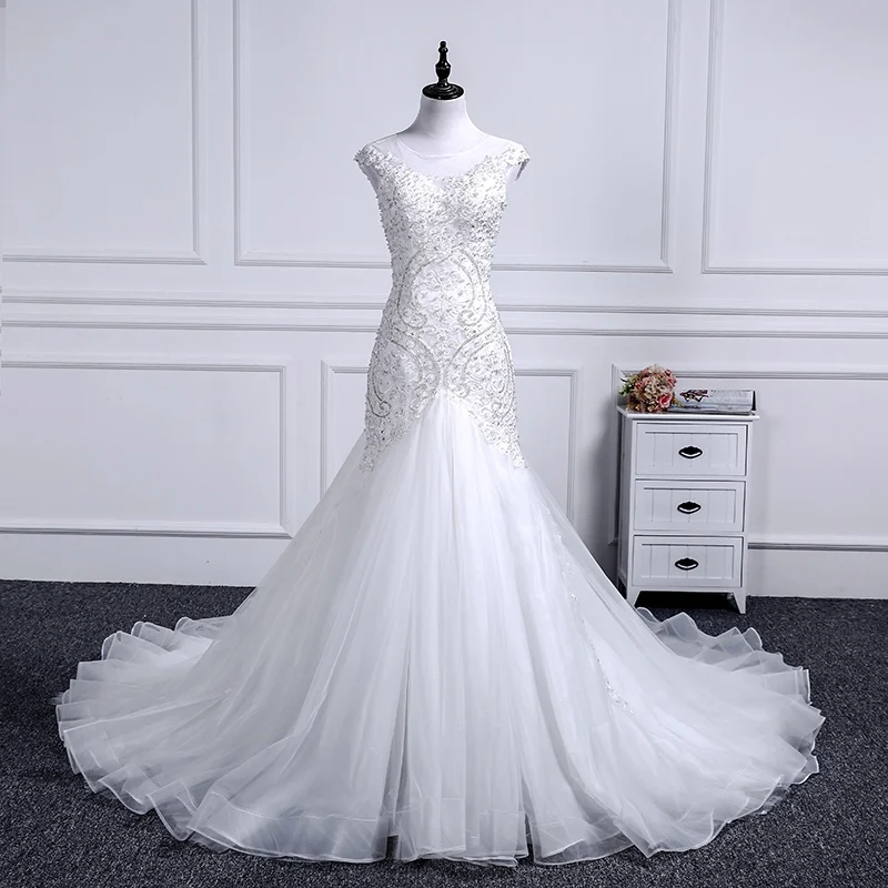 Vestidos De Novia русалка свадебное платье со шлейфом декольте Часовня Поезд невесты свадьба с кружевом бисером с короткими рукавами плюс размер - Цвет: Picture Color