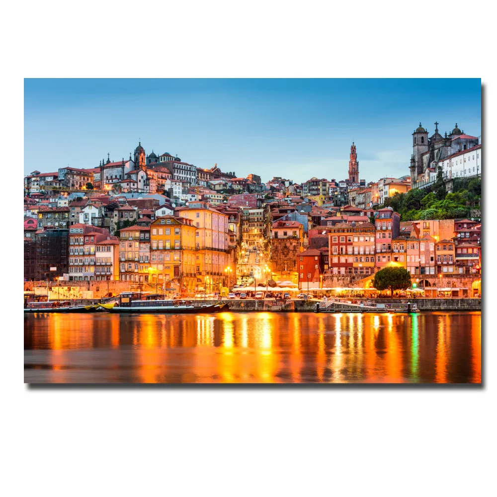 Настенный художественный декор комнаты плакат 1 шт. Douro река Порто Португалия Ночная живопись городского пейзажа HD печатная рамка модульная Картина на холсте