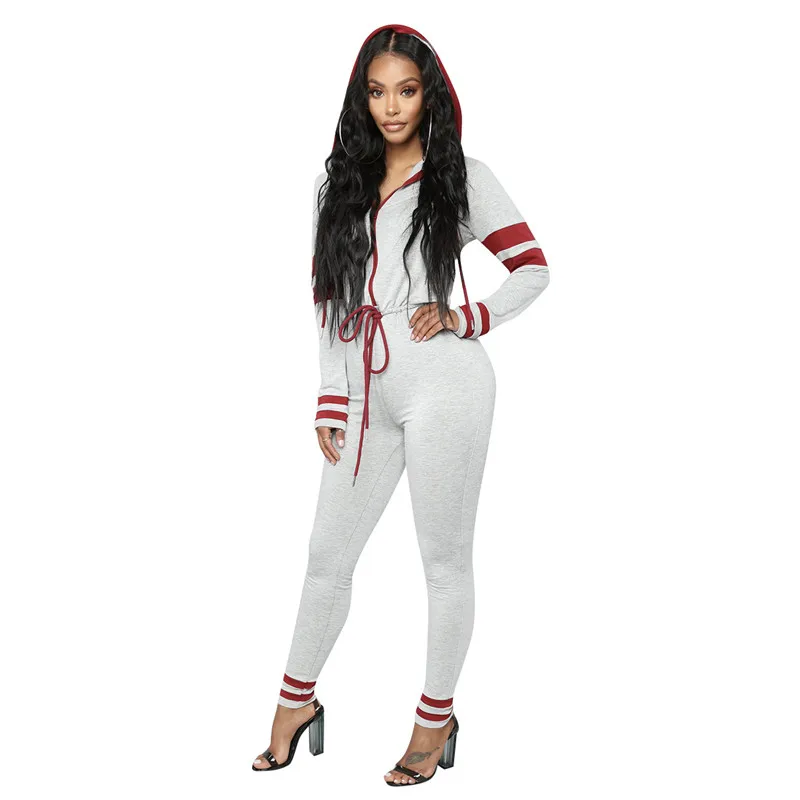 Sexy bodysuit tracksuit rompers womens jumpsuit hooded long sleeve skinny patchwork striped print overalls combinaison femme | Женская