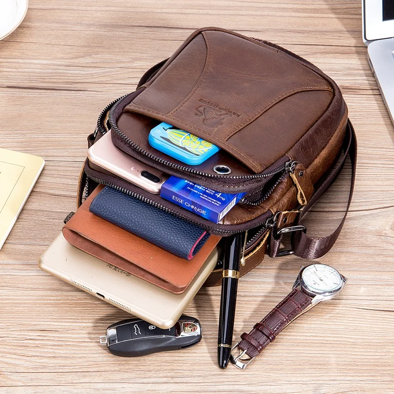 New Arrival Genuine Leather Men's Casual Shoulder Bags Vintage Flap Zipper Handbags For Male Fashion Crossbody Brown Color |