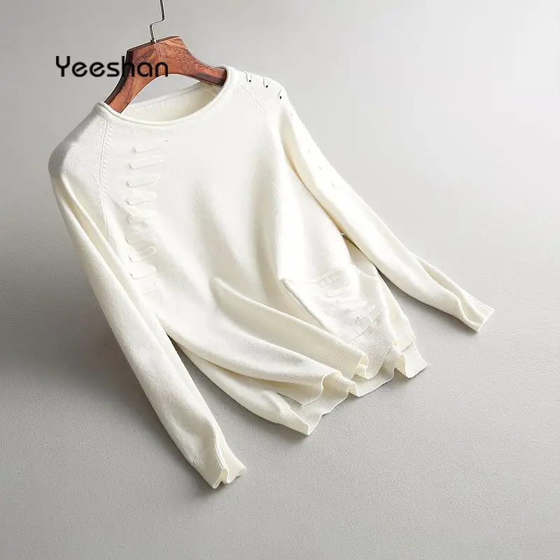 Yeeshan зимний свитер женский 2017 круглый вырез черный белый верблюжий элегантный