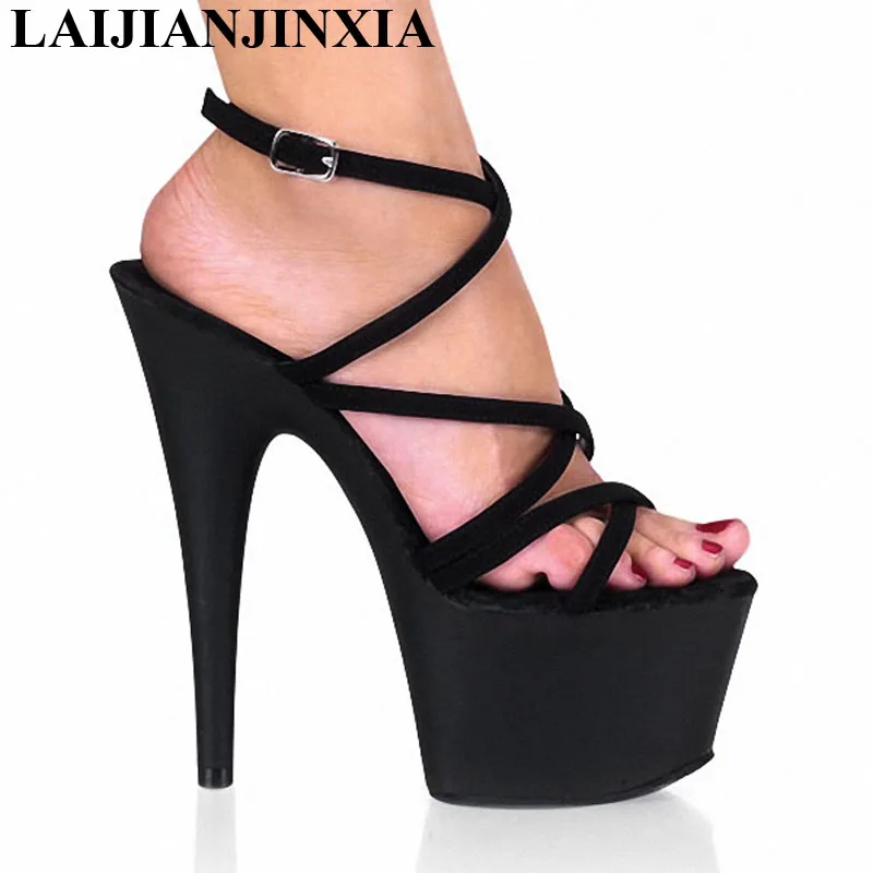 LAIJIANJINXIA 17cm Black Shoes for women sandals High Heels pole dancing sexy Shoes Buckle Strap Dance shoes