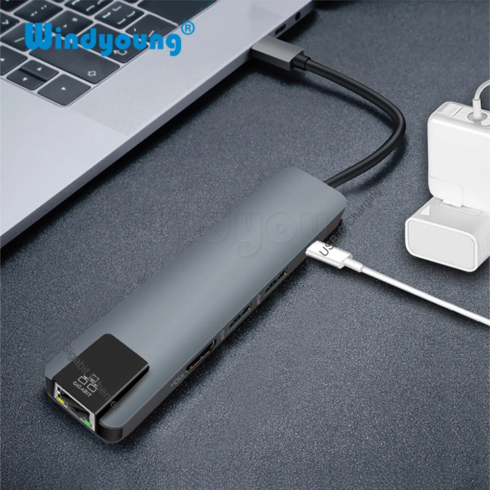 Адаптер USB C к Gigabit Ethernet RJ45 Lan Type HDMI 4K с 2 портами 3 0 хаб для Macbook Pro iPad Pro|USB-хабы| |
