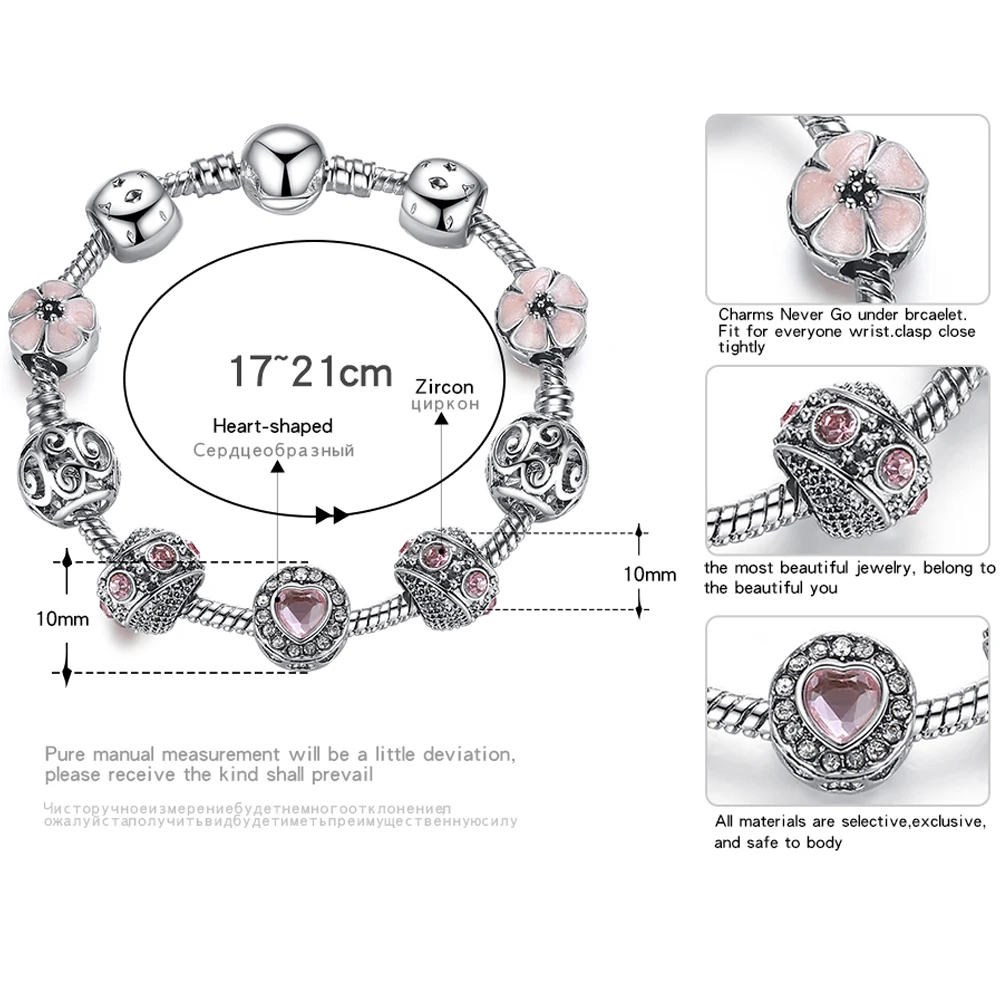 4 Color 925 Silver High Quality Enamel Flower Charm Bracelet &amp Bangle Crystal Love Heart for Women Wedding Jewelry Gift | Украшения и
