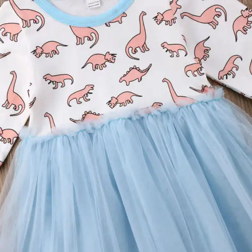 US STOCK Princess Kids Baby Girl Blue Dress Cartoon Animals Print Birthday Wedding Clothes Long Sleeve Tutu New Party | Детская одежда