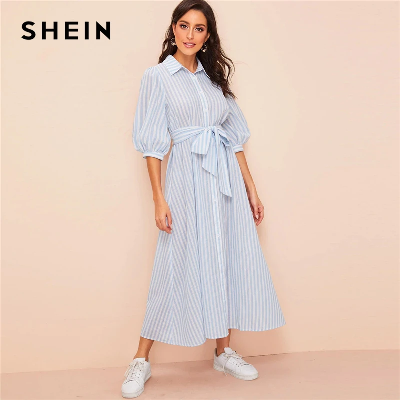 SHEIN платье-рубашка с рукавом-фонариком в полоску, с поясом,, пуговица, рукав до локтя, летнее платье, бохо, синие и белые женские платья