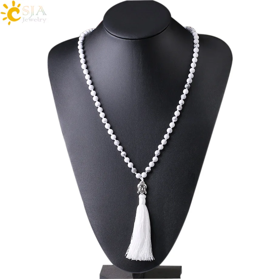 CSJA колье с кисточками Белый Howlite длинные узелковые этнические ожерелья ручной