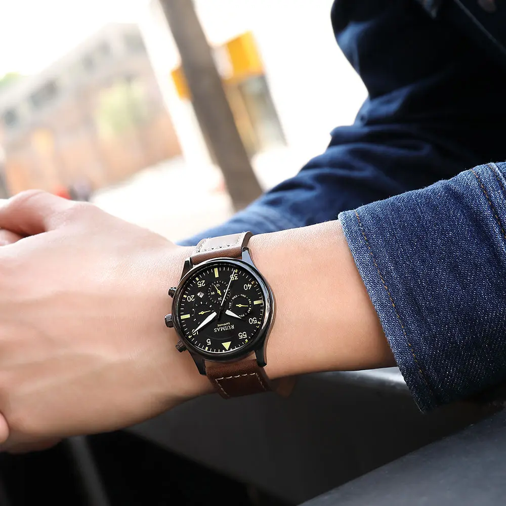 Мужские автоматические механические часы RUIMAS деловые из натуральной кожи с