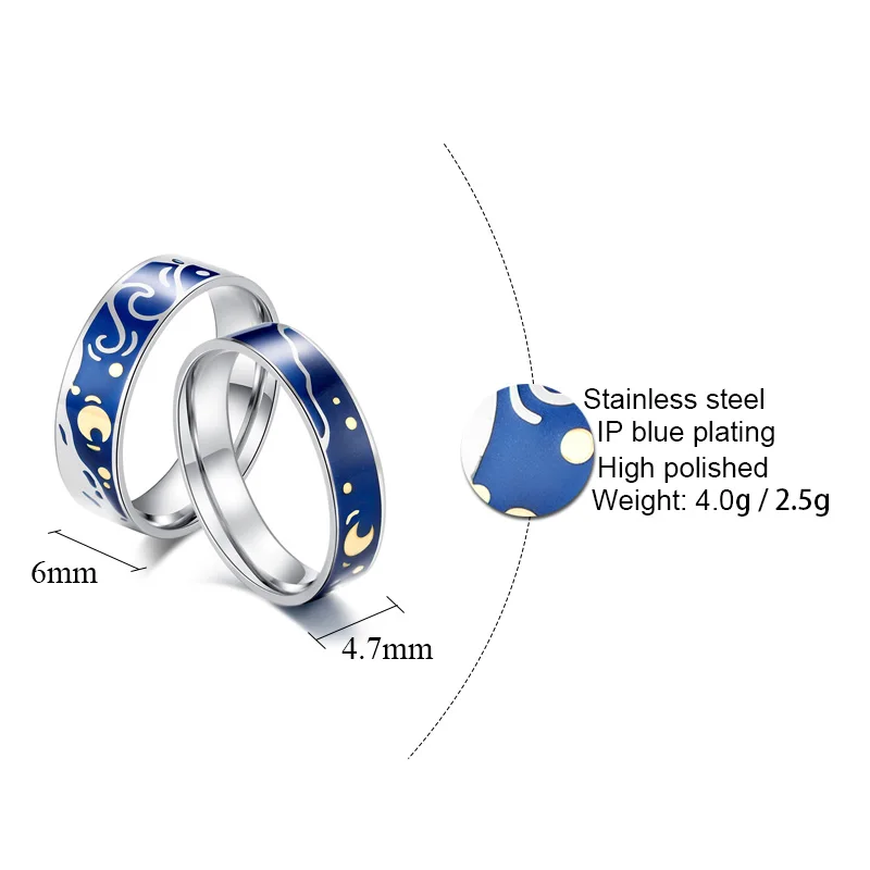 Romantic Van Gogh's Starry Sky Moon Couple Rings Stainless Steel Oil Painting for Women Men Valentine's Day Gifts | Украшения и