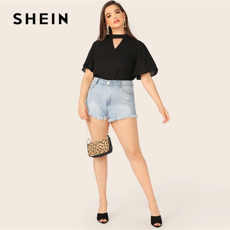 SHEIN, черный топ с v-образным вырезом на спине размера плюс, однотонный топ, блузка,, женская летняя Повседневная рубашка с коротким рукавом и вырезом