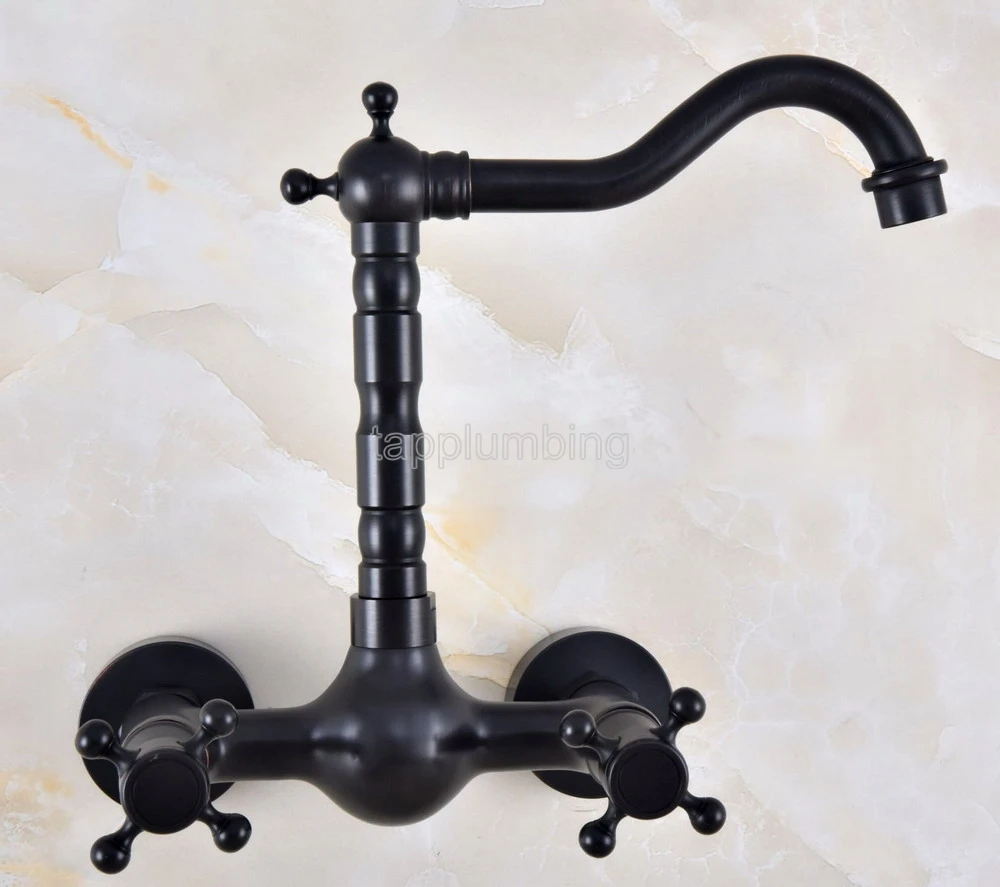 

Black Oil Rubbed Brass Wall Mounted Bathroom Basin Faucet Swivel Spout Vessel Sink Mixer Taps Dual Handle tnf848