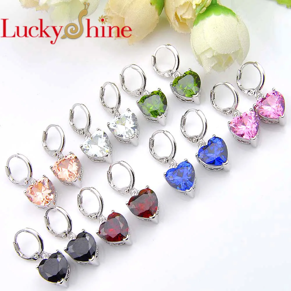 Серьги-подвески Luckyshine в форме сердца из серебра с кубическим цирконием разных