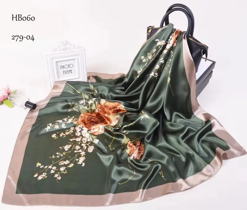 army green peony BYSIFA зимний мужской женский черно-белый Шелковый шарф 90*90 см Универсальный геометрический узор большой квадратный шарф обертывания мусульманский головной платок - Цвет: army green peony