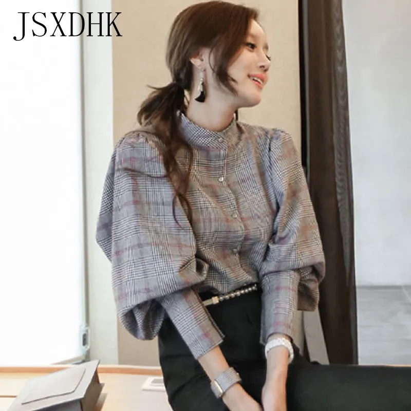 Серый JSXDHK New Fashion Autumn Woemn Blouse Office Lady Plaid Long Lantern Sleeve Formal Back Bow Stand Collar Shirt Tops - Цвет: Серый