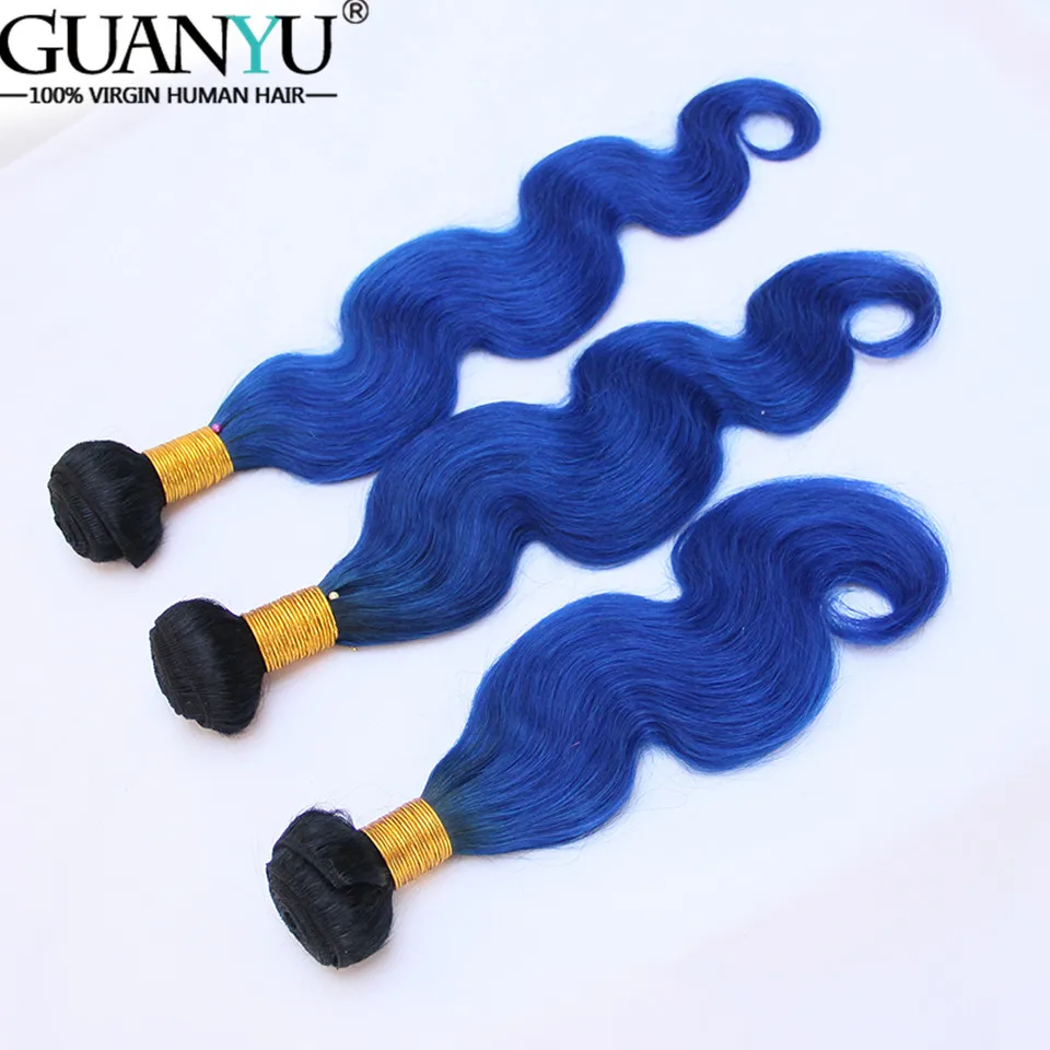 Guanyuhair Ombre # 1B/синий 3 Связки с 13x4 синтетический Frontal шнурка волос синтетическое