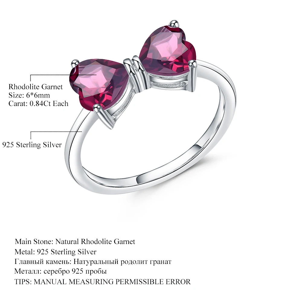 

GEM'S BALLET 1.68Ct Natural Rhodolite Garnet Heart Ring 925 Sterling Silver Bow Knot Ring For Women Valentine's Day Gift Jewelry