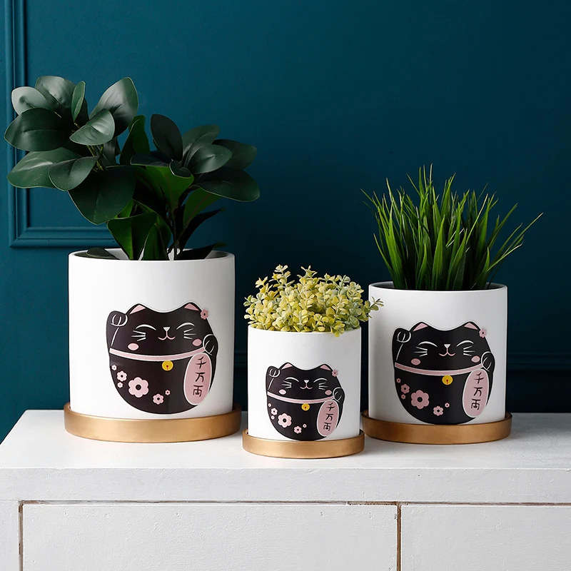 Керамический цветочный горшок Maneki Neko Lucky Cat с золотым подносом зеленые растения