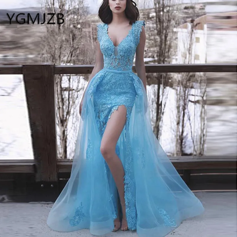 Gala Jurken 2019 Lace Long Prom Dresses Detachable Train Mermaid V Neck High Split Evening Dress Women Formal Dress Party Gown