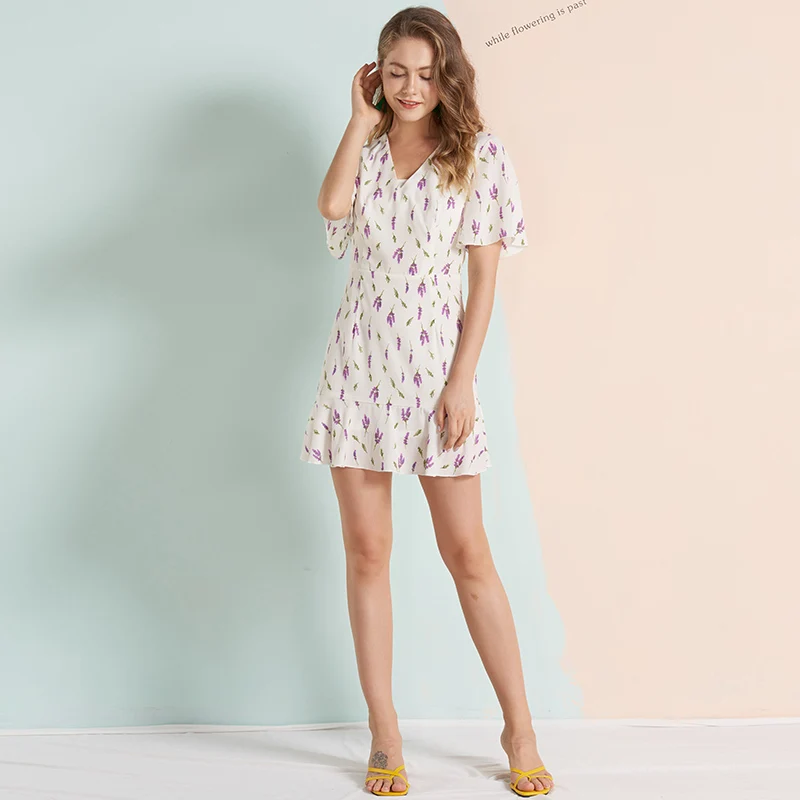 Mostnica Summer Wheat Printed Gauzy Chiffon Dress for Women Pastoralism Flare Sleeves V Neck Mori Girl Mini Lady Clothes | Женская