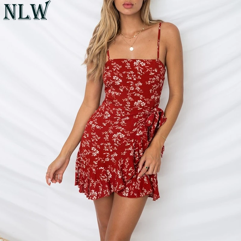 NLW Boho печати Мини Летнее платье Спагетти ремень с открытой спиной обертывание 2019