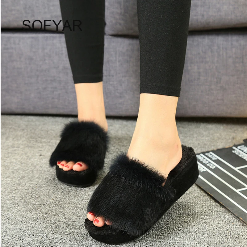 2017 меховые тапочки сезон весна Домашние шлепанцы на высоком каблуке обувь из