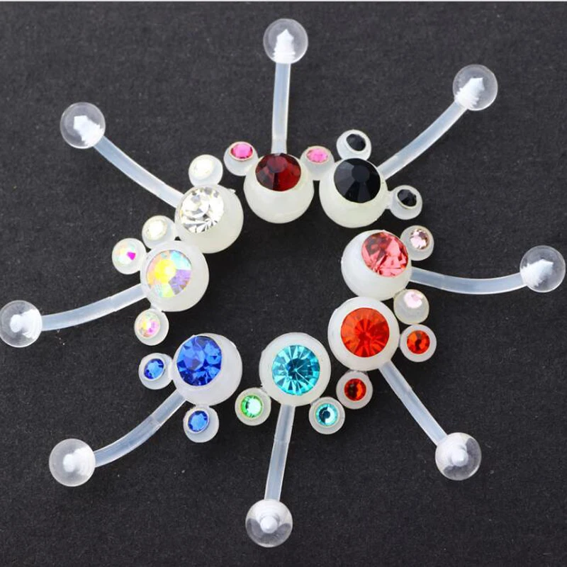 

30pcs/lot Clear Soft Plastic double crystal belly ring Bioplast Belly Button Rings mixed color body jewelry navel piercing