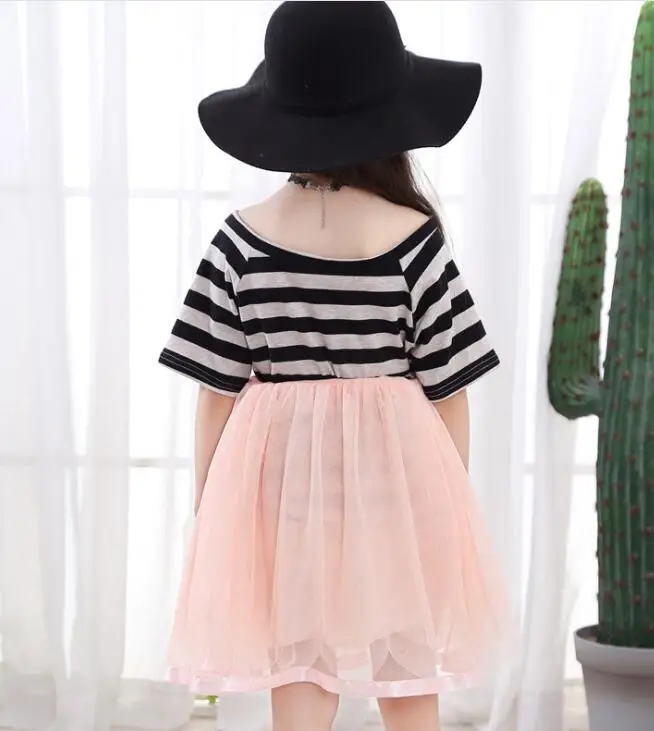 2019 summer new ins girls children's fashion trend striped stitching mesh dress in the big girl princess | Детская одежда и