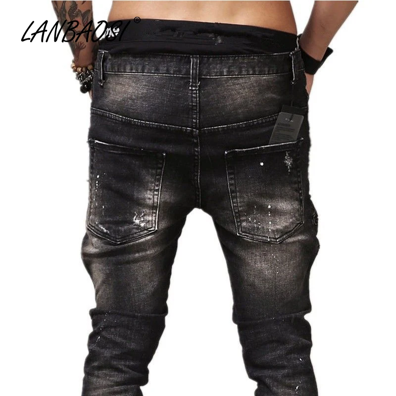 Джинсы LANBAOSI мужские рваные джинсы повседневные черные джинсовые брюки для