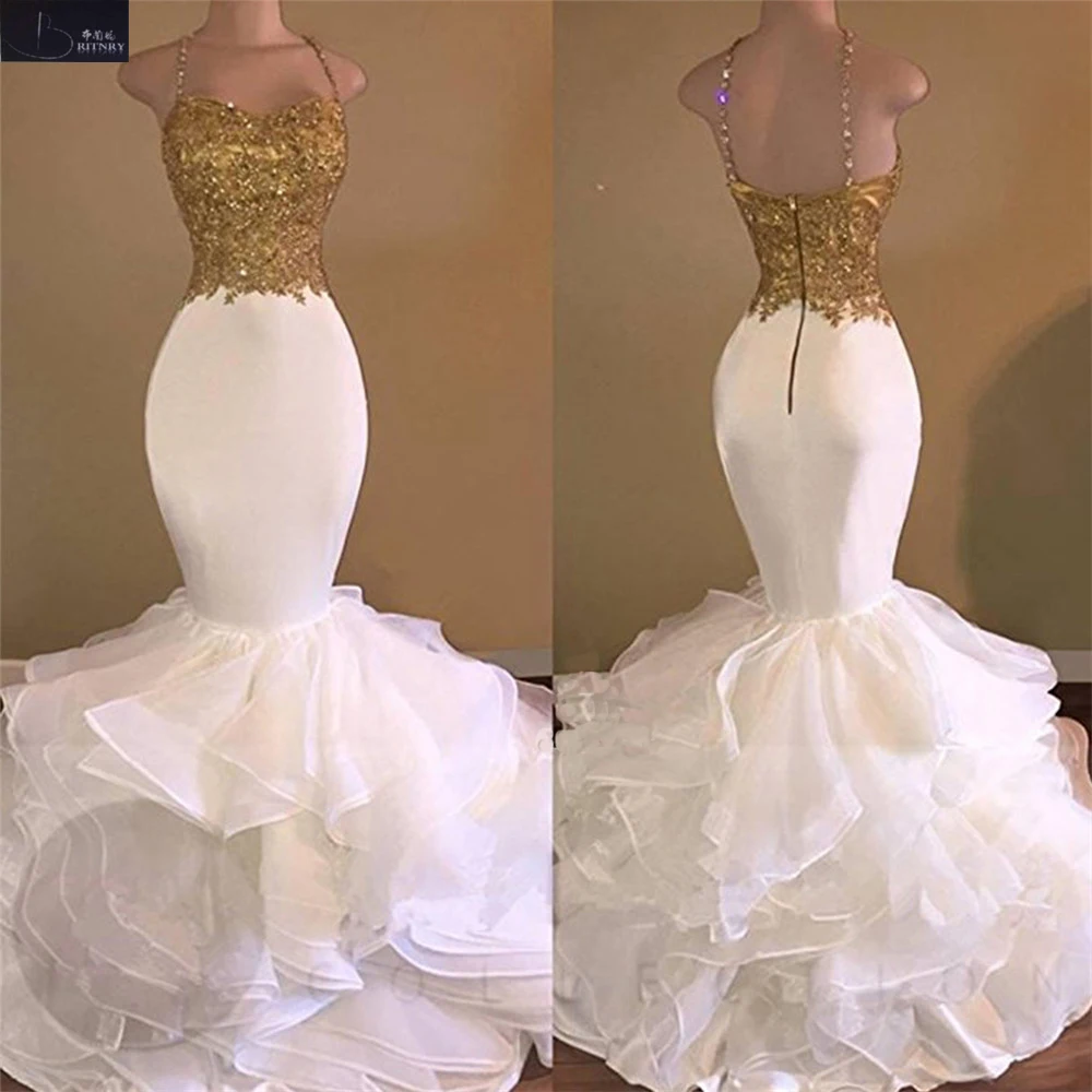 

Sexy Sweetheart White and Gold Lace Mermaid Wedding Dress 2018 Ruffles Organza Vintage Wedding Gowns