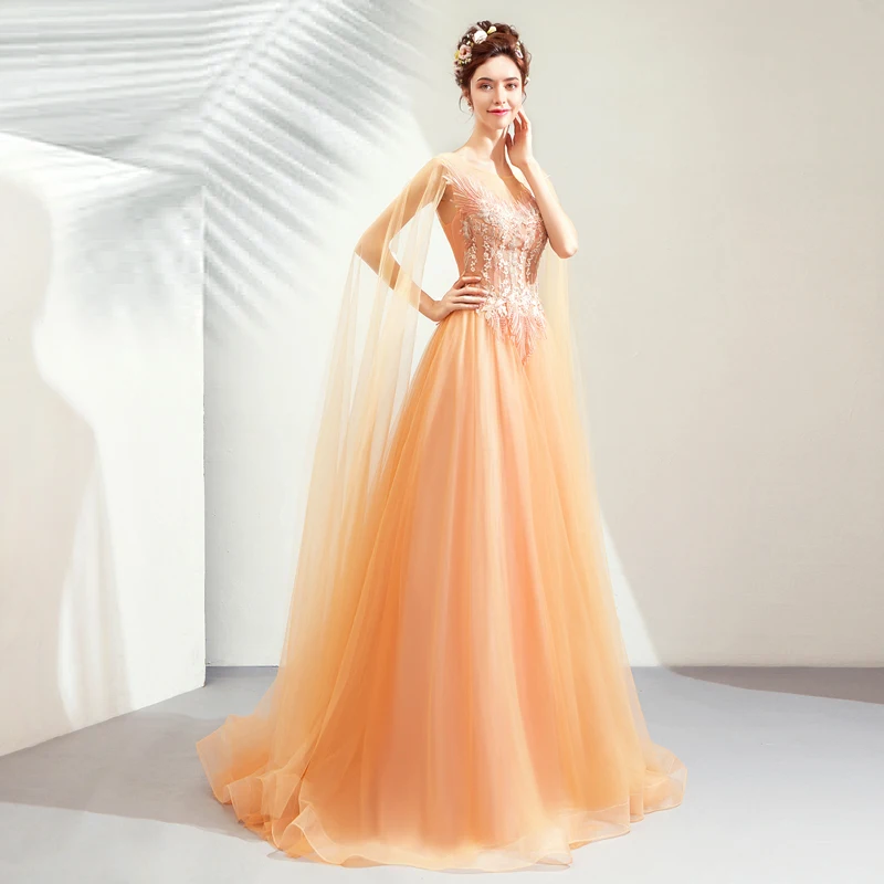 Женское вечернее платье SSYFashion Золотое с кружевной вышивкой и шлейфом 2019 | Свадьбы
