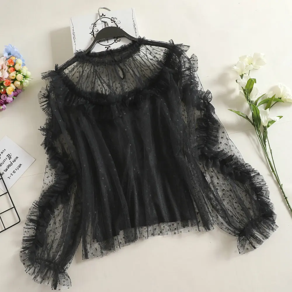 Women Shirts Женские рубашки с рукавом-фонариком, повседневные рубашки с оборками, с вышивкой, в горошек, кружевные, с цветами, сетчатые, газовые, хлопковые, пуловеры, блузки, топы с вуалью - Цвет: Women Shirts