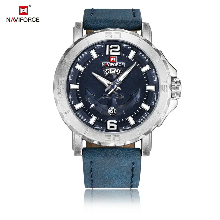 BLUE WHITE NAVIFORCE спортивные водонепроницаемые креативные часы люксовый бренд кварцевые часы кожаный ремешок Календарь модные часы для мужчин Relogio Masculino - Цвет: BLUE WHITE