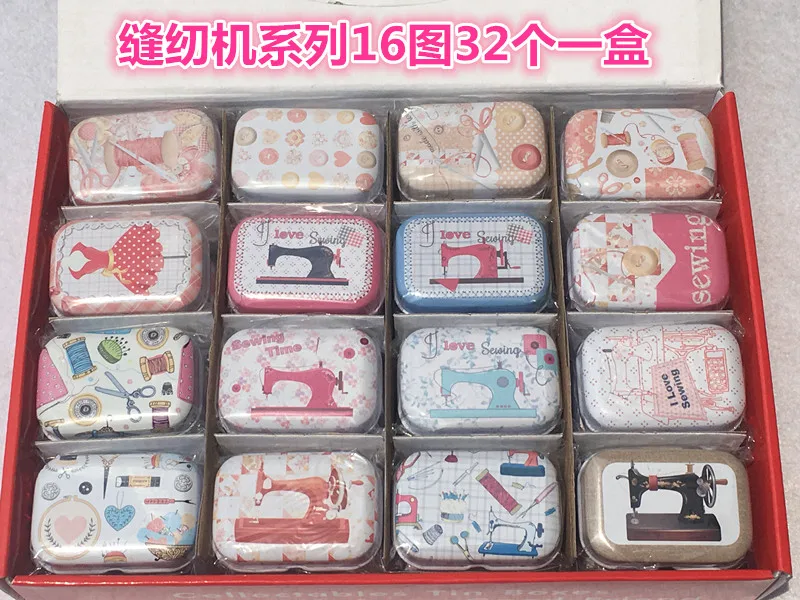 

32Pc(1 Box)/Lot Sewing Machine Style Mini Cover Iron Tin Metal Case / Can/Pill Cute Small Kit/Candy Storage Gift Box