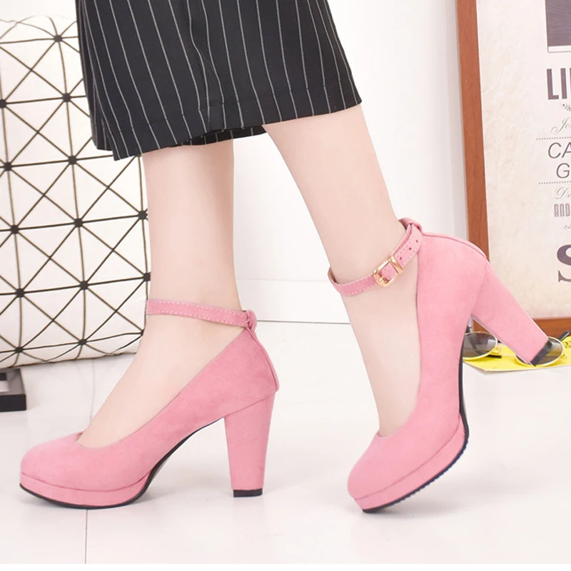 

3 Colors High-heeled Shoes Fashion Round Toe High Heels Ankle strap Night Shoes Flock Sexy Metal Singles Profession Pumps