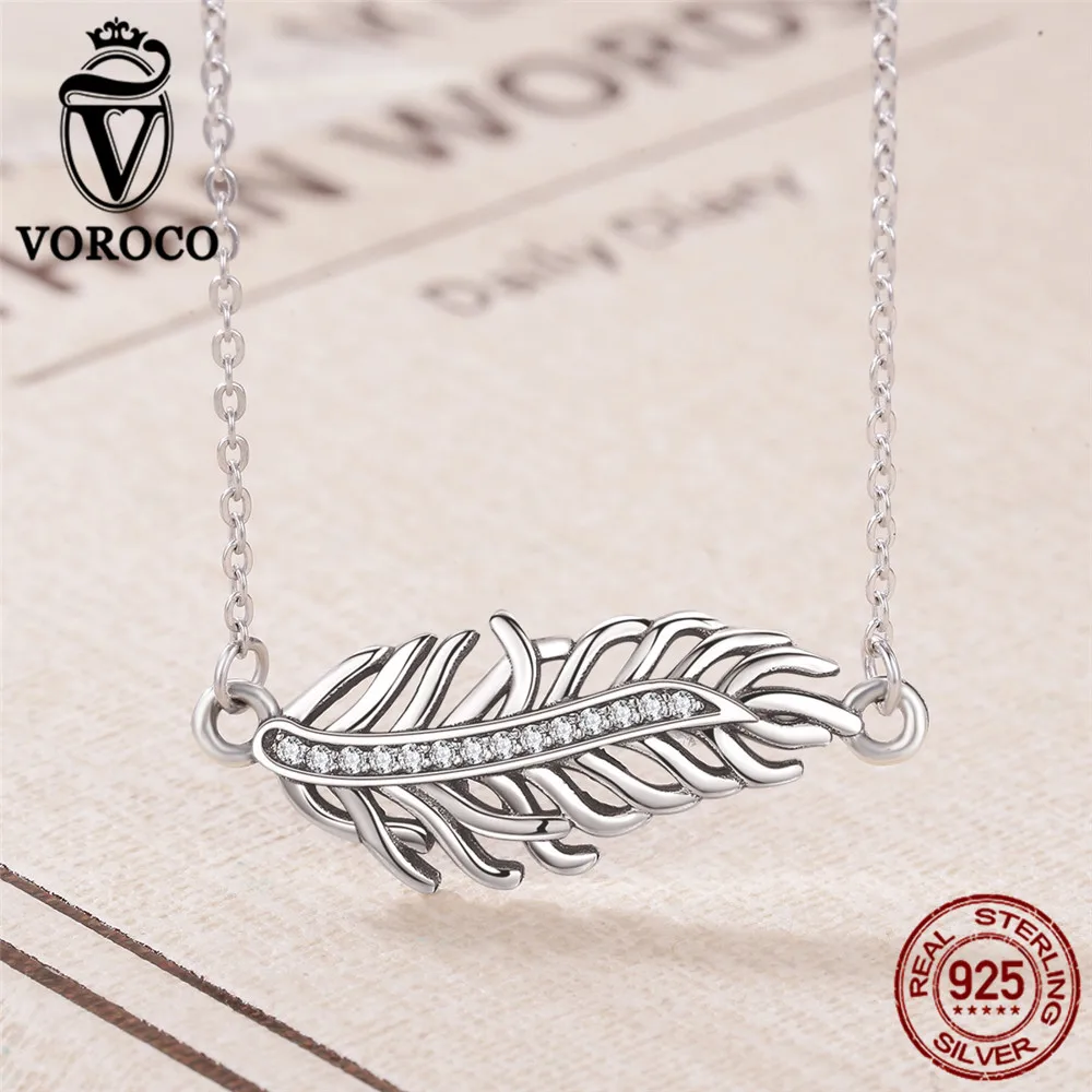 VOROCO 925 Sterling Silver Clear Cubic Zircon Leaf Necklace for Women Clothing Accessories Fine Jewelry Christmas Gifts VSN046 | Украшения