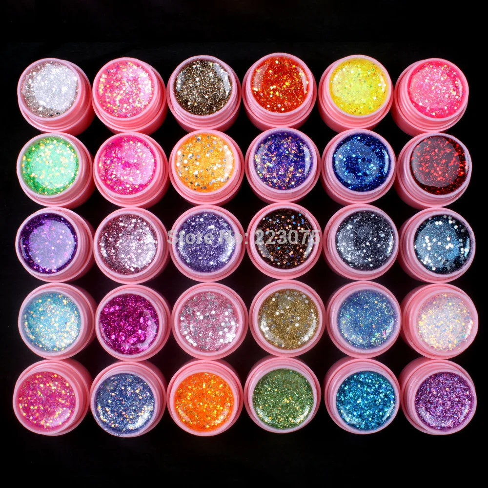 

New DIY Professional 30 Pcs Mix Color Glitter Hexagon Sheet Nail Art UV Builder Gel for Tips white pot Set