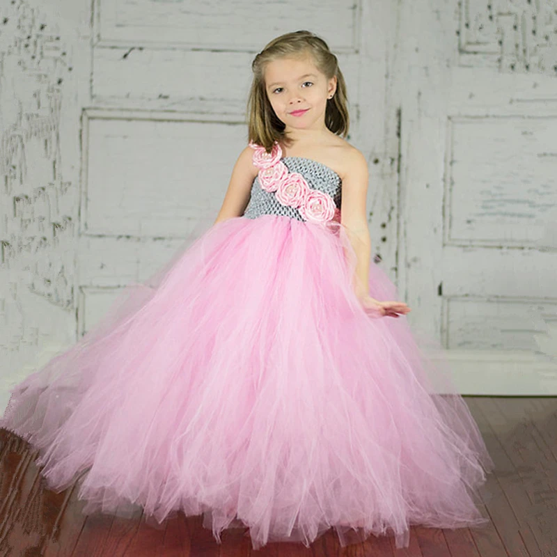 Cute Girls Grey Tulle Dress Kids Crochet Corset Long Tutu with Rose Flowers Children Wedding Party Costume Banquet Dresses | Детская