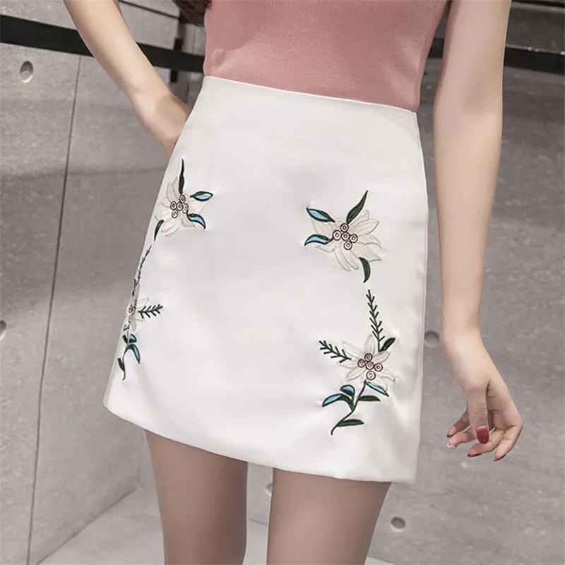 

Slim 2017 Spring Summer Girls Empire Floral Embroidery A-line Mini Skirt Women Jupe femme Falda de las mujeres
