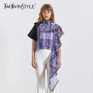 Женская Асимметричная блузка TWOTWINSTYLE, летняя блузка в полоску с оборками, воротником-стойкой и коротким рукавом, 2020