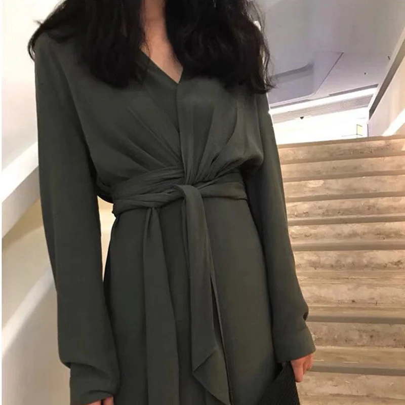 Elegant Vintage Dress Women Long Sleeve Dresses 2019 Spring With Sashes V Neck Casual Fashion S M L XL | Женская одежда