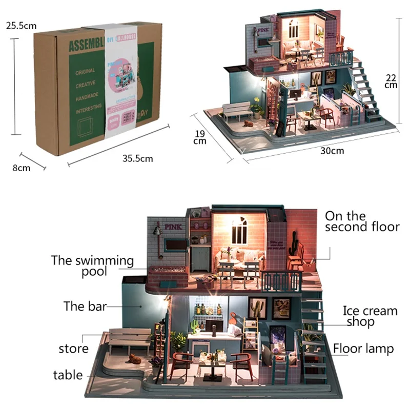 

Doll House Furniture DIY Miniature 3D Model Doll Houses Wooden Miniature Dollhouse Assembly Toys for Children Gift Pink Coffee