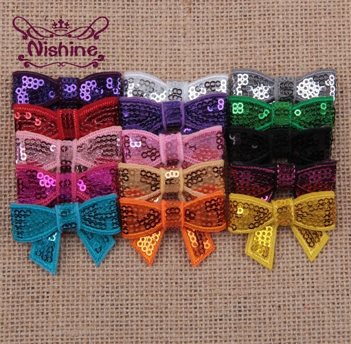 Nishine 30pcs/lot New 4cm Mini Glitter Sequin Bows DIY Hair Ribbon For Sewing Craft Headwear Hair Accessories(Color:15 Colors)
